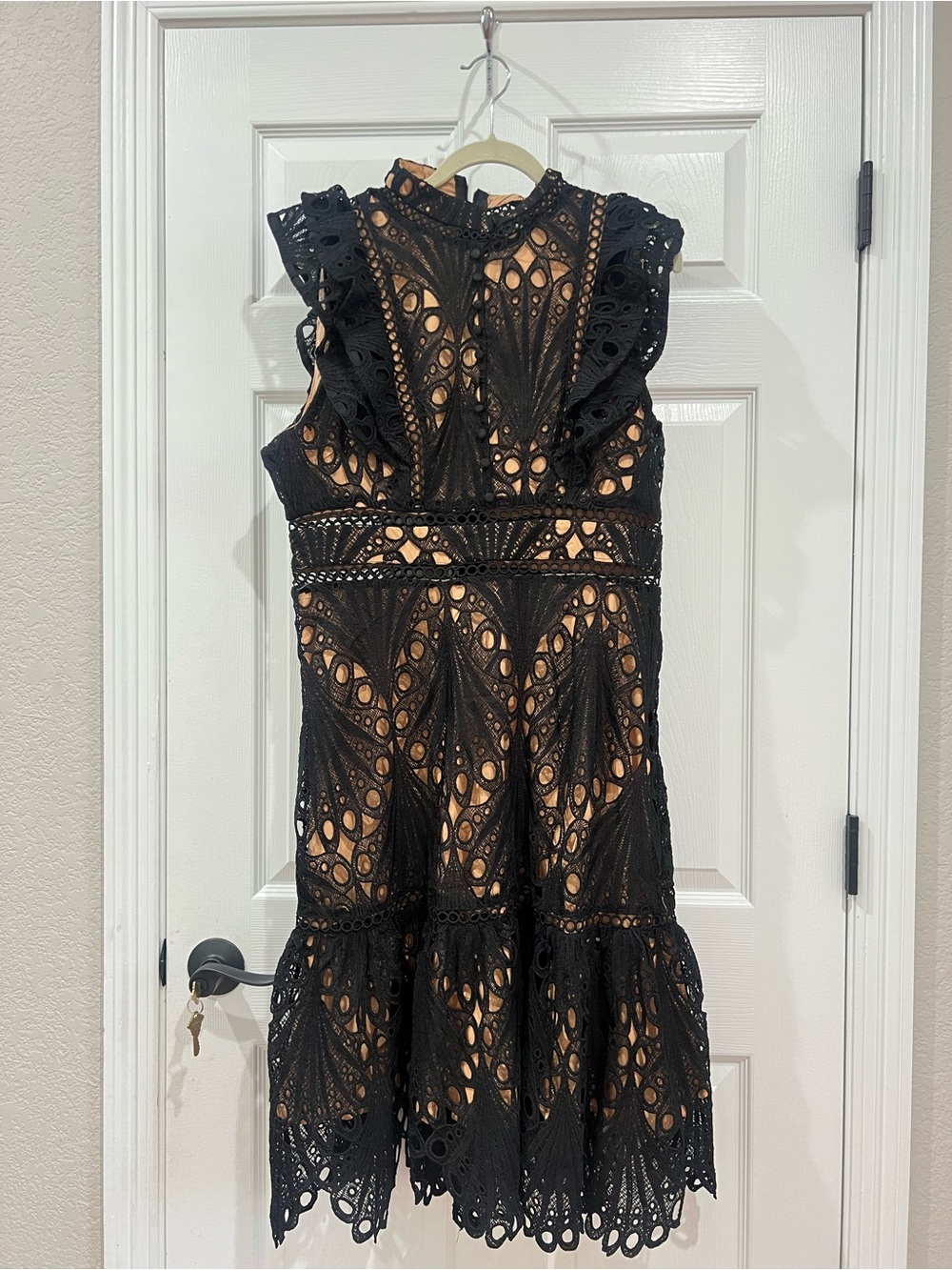 Dalia MacPhee Black Guipure Lace Cocktail Dress Nude Lining Ruffle Sleeve XL